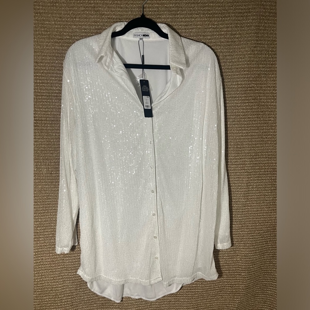 White sequins oversized button down dress.